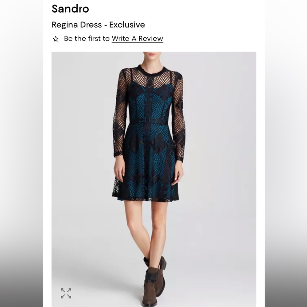 Sandro Regina dress Black Lace Dress with Teal Underlay, Long Sleeve. Size 2 .